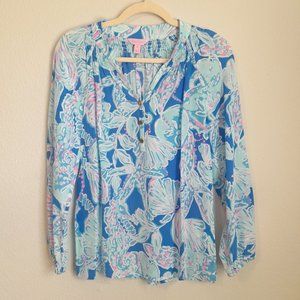 Lilly Pulitzer 100% Silk Elsa Top Tropical Botanical Print Blue Size XS